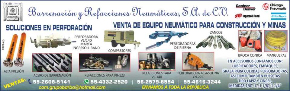 Sale and Repair of Equipment for Construction, Mines and Pneumatic. Numa Bottom Hammers and Drills Drills, Stilts, Stenuick, Hoses, Compressors, Mangueras.