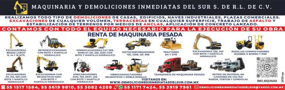 Demoliciones, Excavaciones, Terracerias, Trabajos de Asfalto, Estabilizacion de Terrenos, Aplicacion de Concreto Lanzado. Renta de Maquinaria Pesada, Retiro de Escombro, Transporte de Equipo. MDI