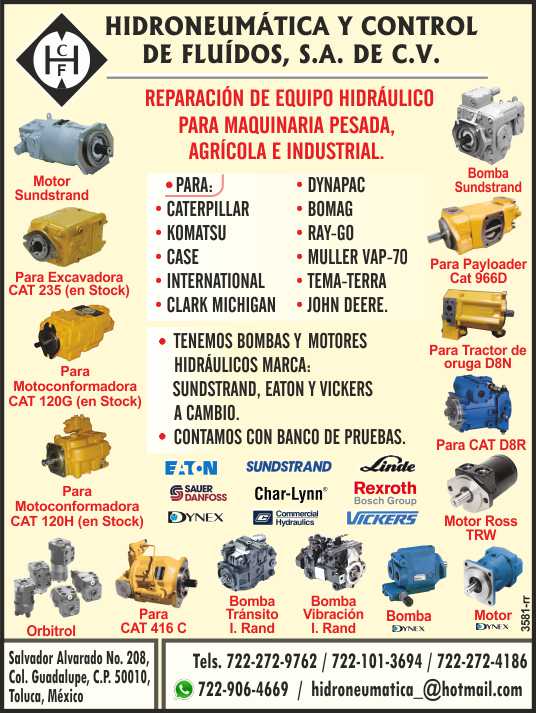 Hydropneumatic and Fluid Control Repair of hydraulic equipment for heavy machinery, hydraulic cylinders, piston pumps, vanes and gears.