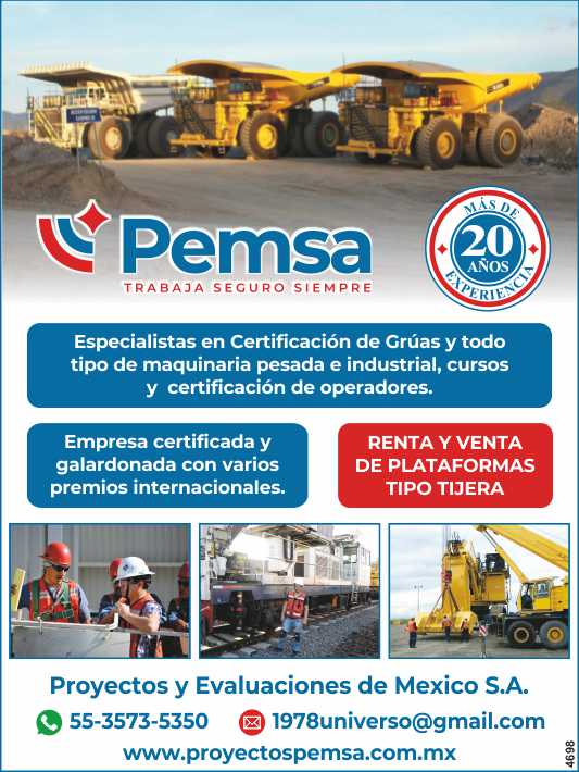 Especialista en Certificacion de Gruas y todo tipo de Maquinaria Pesada e Industrial, Cursos y Certificacion de Operadores. Plataformas Tipo Tijera en Renta y Venta. Empresa Certificada y Galardonada