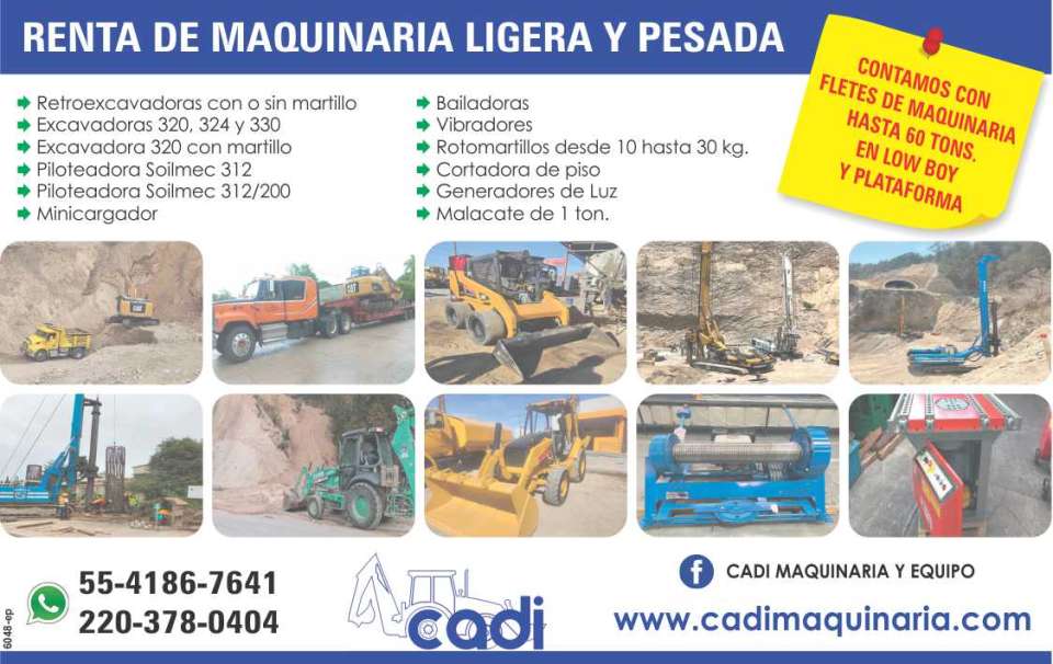 Light and Heavy Machinery Rental. Backhoes with or without hammer. Excavators, Piling rigs, Skid steer loaders, Bailers, Vibrators, Rotary hammers, Floor cutters, Light generators.