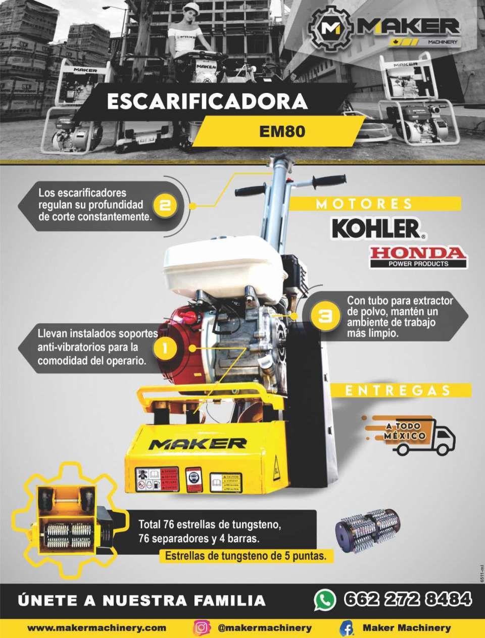 Escarificadora EM80, motores kohler, honda power products, estrellas de tungsteno de 5 puntas