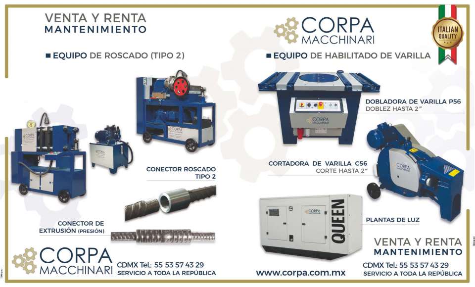 Equipos de Habilitado de Varilla, Dobladoras de varilla, Cortadoras de varilla, Conector roscado tipo 2, Conector de Extrusion (Presion), Equipo de Roscado, Plantas de luz, Venta, Renta, Mantenimiento