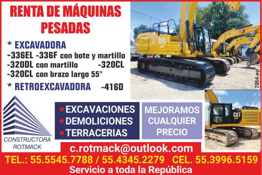 Heavy Machinery Rental: Excavators 336EL, 336F, with bucket and hammer, 320 DL with hammer, 320CL and with long arm, Backhoe 416D. Excavations, Demolitions, Earthworks.