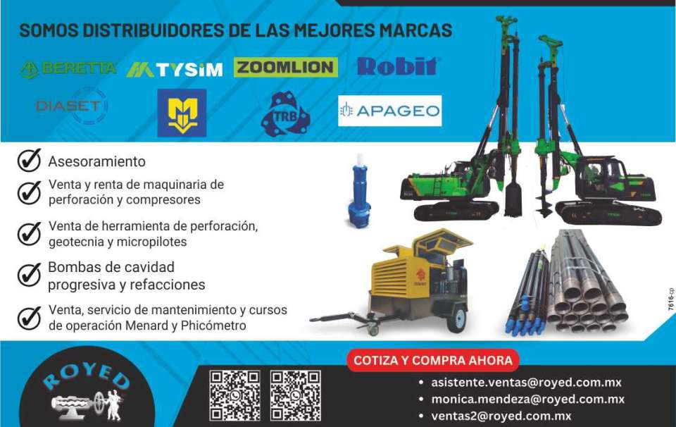 Consulting, sale and rental of drilling machinery and compressors, sale of drilling tools, geotechnics and micropiles, progressive cavity pumps and spare parts, operation courses