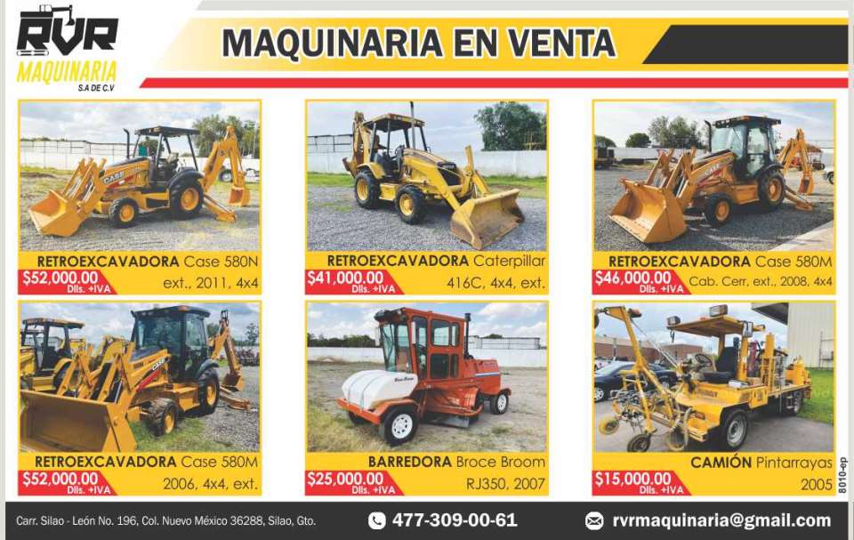 Machinery for Sale. Caterpillar 416C, 580N, Case 580M, backhoe loaders, Broce Broom sweeper, Pintarrayas truck.