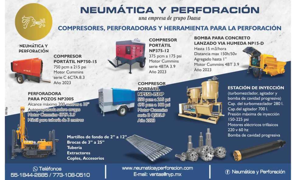 Perforadoras Hidraulicas y Compresores Industriales en venta, renta y mantenimiento. Compresores de 300 a 1100 PCM. ideales para perforacion, sandblast y limpieza industrial.