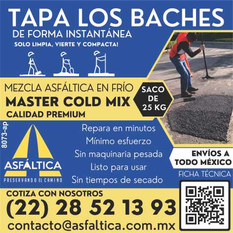 Master Cold Mix, Calidad Premiun. Saco de 25 kg. Tapa los Baches de Forma Instantanea. Minimo Esfuerzo, Sin Maquinaria Pesada, Listo para Usar, Sin tiempos de secado. Envios a todo Mexico