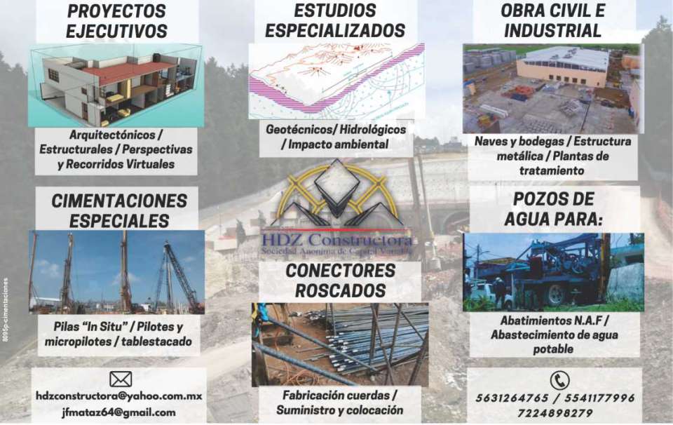 Proyectos Arquitectonicos, Estructurales. Estudios Geotecnicos, Hidrologicos. Naves Industriales, Estructuras Metalicas, Plantas de Tratamiento. Pilas, Pilotes, Pozos de Agua para Abatimientos NAF.