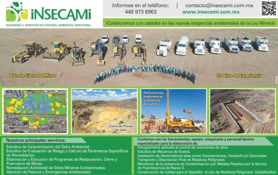 Plan de cierre de Minas. Cierre de Presas de Jale. Mecanica de Suelos. Celdas para el Deposito in-situ de Residuos Peligrosos. Fotogrametria, Geosinteticos, Emergencias Ambientales. INSECAMI