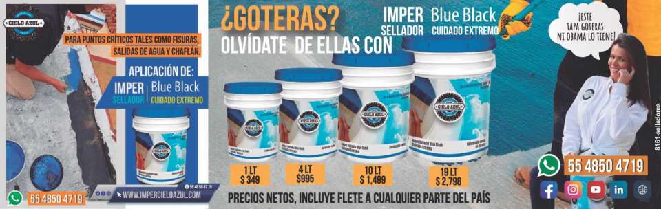 Imper Sellador Blue Black Cuidado Extremo, para puntos criticos, tales como Fisuras, Salidas de Agua y Chaflan. De 1, 4, 10 y 19 lts. Incluye Flete a cualquier parte del Pais.