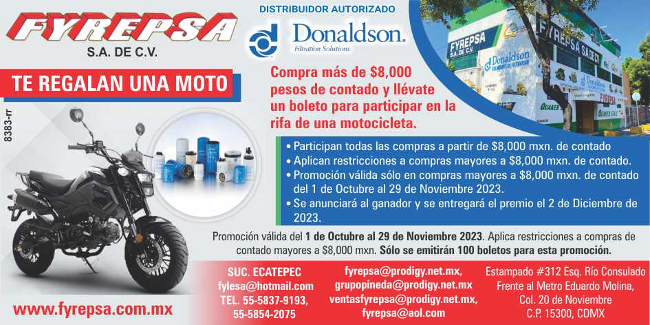 FYREPSA Te regala una moto!! Compra mas de 8,000 pesos de contado y llevate un boleto para participar en la rifa de una motocicleta. Participan todas las compras a partir de $8,000 mxn de contado.