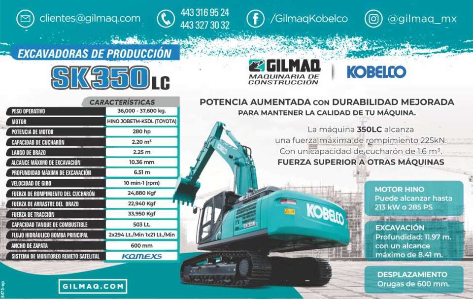 Excavadoras de produccion SK350LC Potencia aumentada con Durabilidad Mejorada, para mantener la Calidad de tu Maquina. La maquina 350LC alcanza una fuerza maxima de rompimiento 225kN.