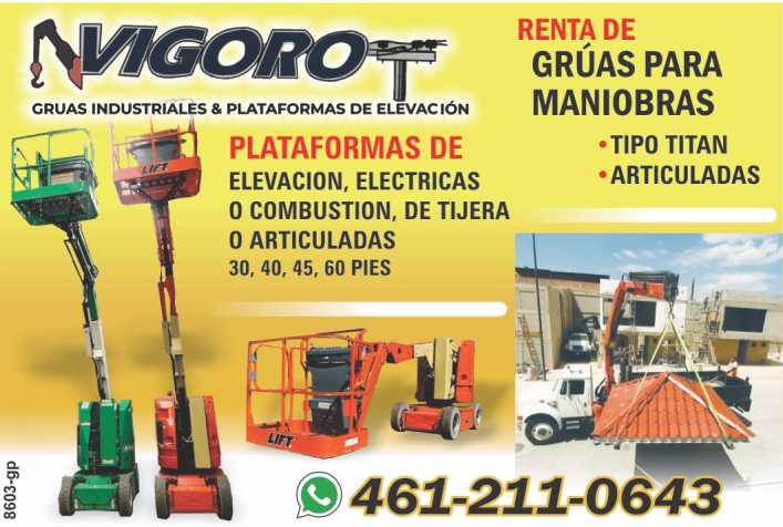 Renta de Gruas para Maniobras tipo Titan, Articuladas. Plataformas de Elevacion, Electricas o Combustion, de Tijera o Articuladas de 30, 40, 45, 60 pies.