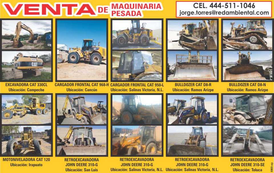 CAT 330CL Excavators, CAT 968H, CAT 950L Front Loader, CAT D8R, CAT D8N Bulldozer, CAT 120 Motor Grader, JOHN DEERE 310G and 310-SE Backhoe Loaders. For Sale.