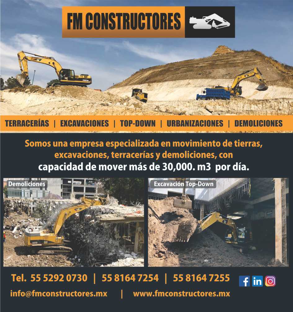 Movimiento de tierras, Excavaciones, Top- Down, Urbanizaciones, Terracerias, Demoliciones. Capacidad para mover 30,000 m3, por dia. Presencia en Zona Metropolitana, Puerto Vallarta