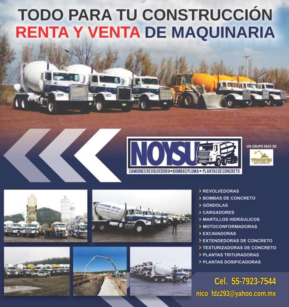 Construction Machinery. Rent-Sale Mixers, Concrete Pumps, Gondolas, Loaders, Hydraulic Hammers, Motor Graders, Excavators, Pavers, Dosing Plants